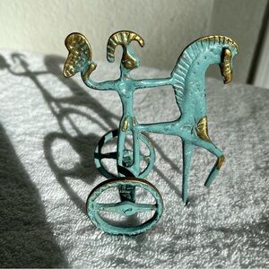 Turquoise and Brass Metal Horse Sculpture Figurine - Home Art Decor